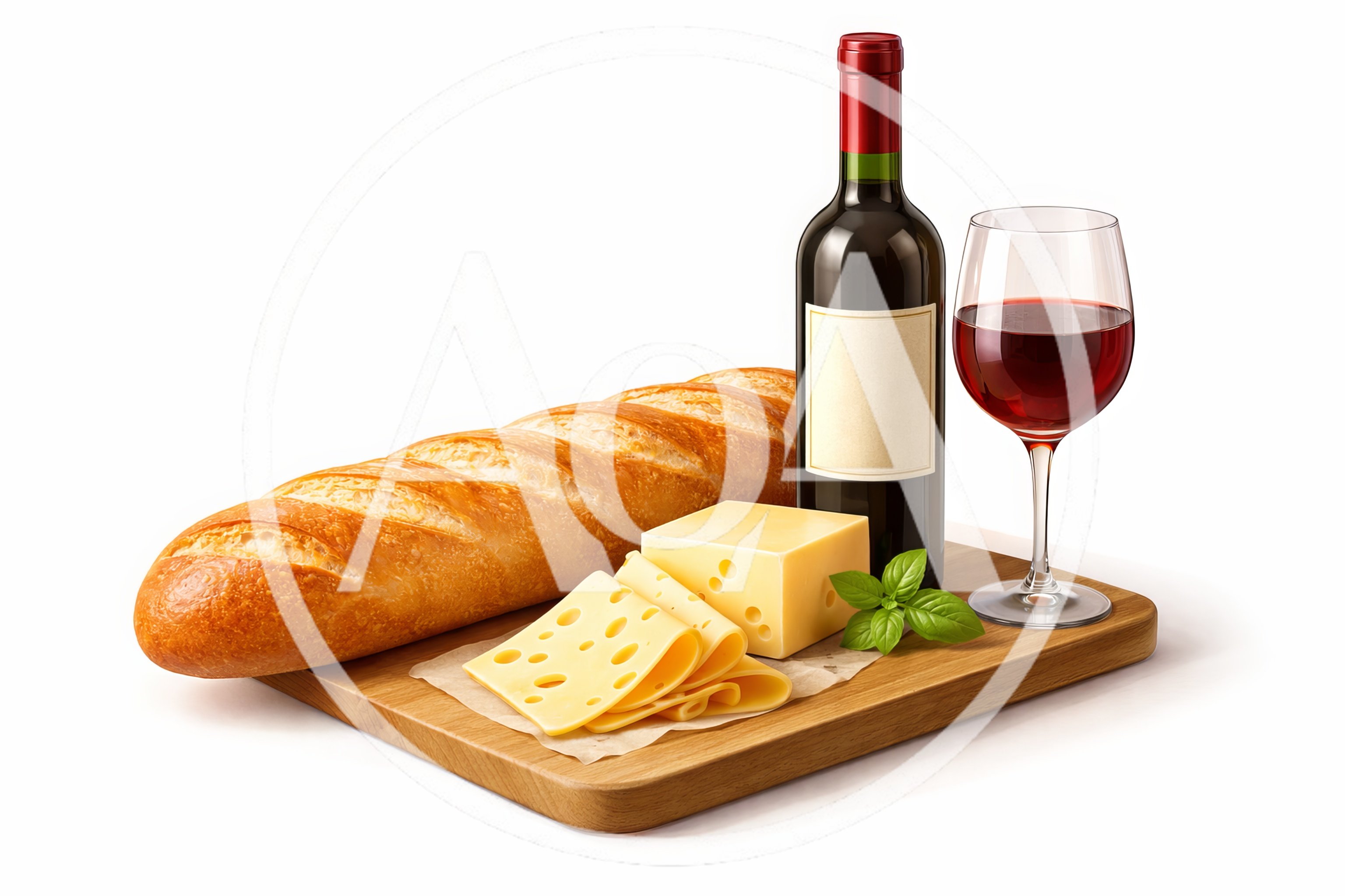 Baguette Bread With Swiss Cheese And Red Wine
