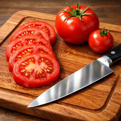 Fresh Sliced Tomatoes and Chef Knife on Wooden Board