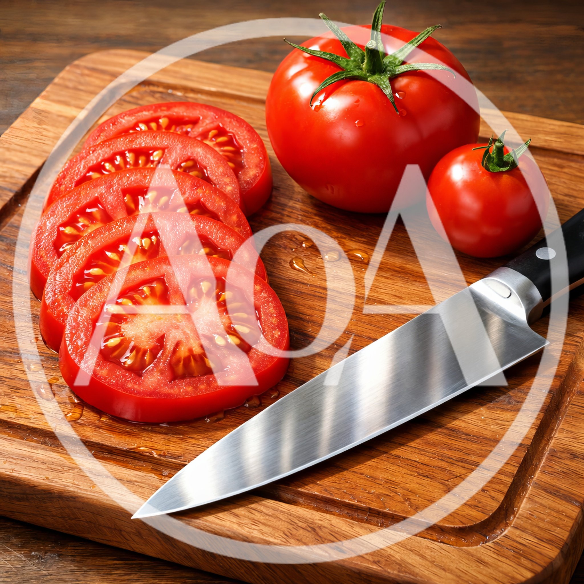 Fresh Sliced Tomatoes and Chef Knife on Wooden Board