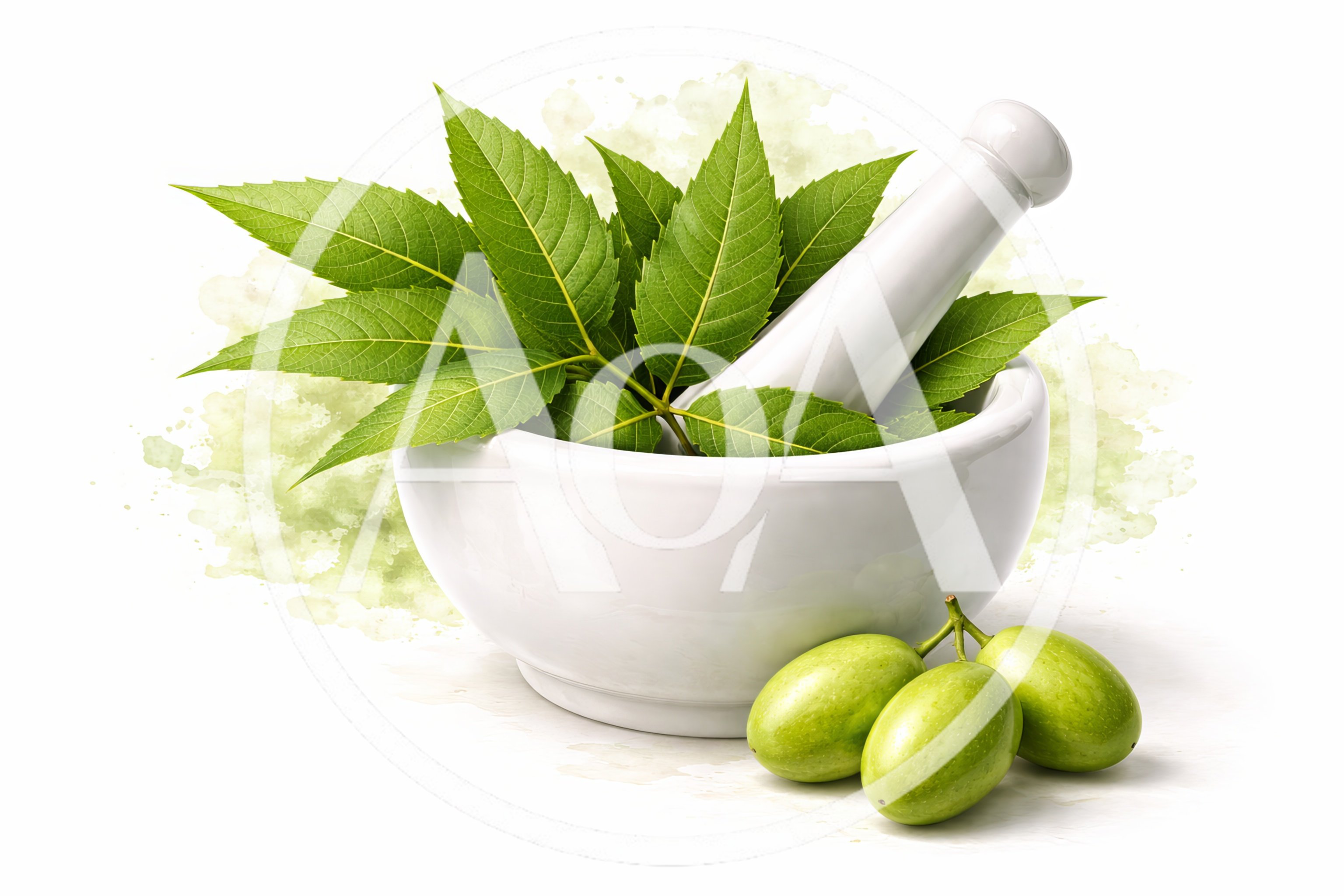 Neem Leaves and Fruit in Mortar and Pestle