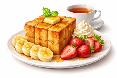 Honey Toast Dessert With Fresh Fruit And Tea