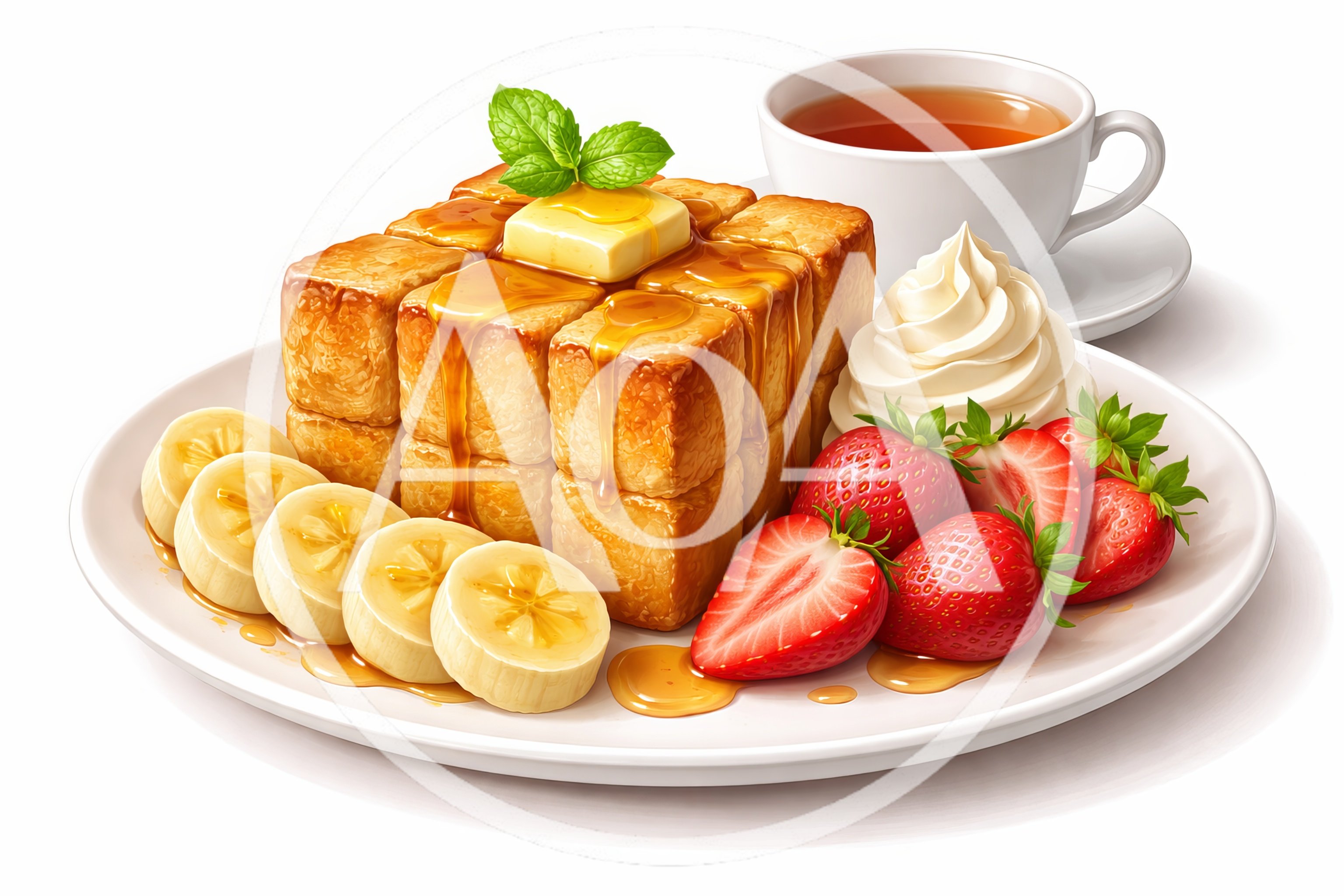 Honey Toast Dessert With Fresh Fruit And Tea