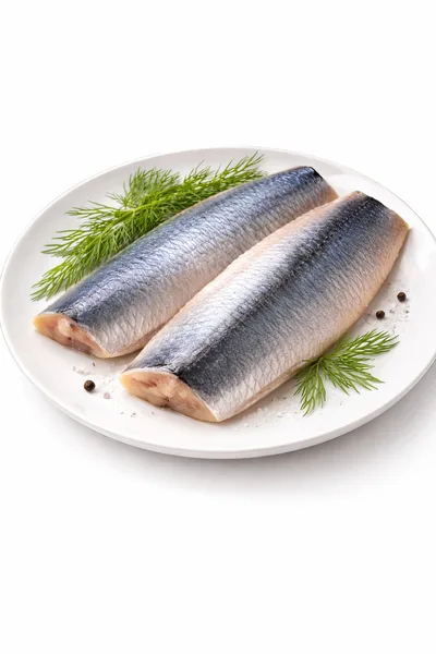 Two Fresh Herring Fillets On A White Plate