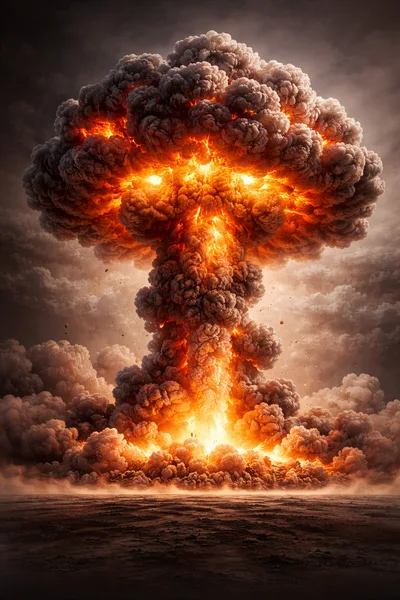 Massive Nuclear Explosion Mushroom Cloud Over Barren Landscape