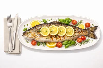 Grilled Whole Fish Served With Lemon And Herbs
