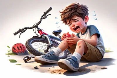 Crying Boy With Injured Knee After Bicycle Accident