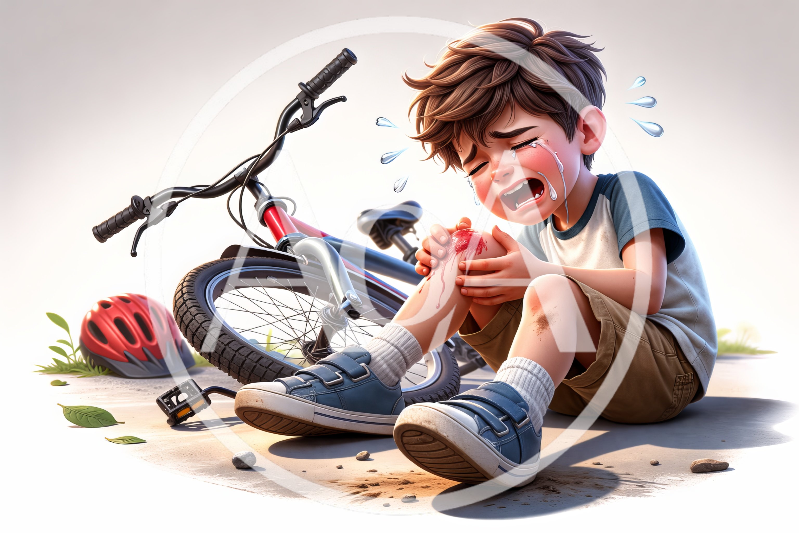 Crying Boy With Injured Knee After Bicycle Accident