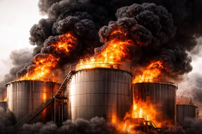 Massive Industrial Fire Engulfing Large Oil Storage Tanks