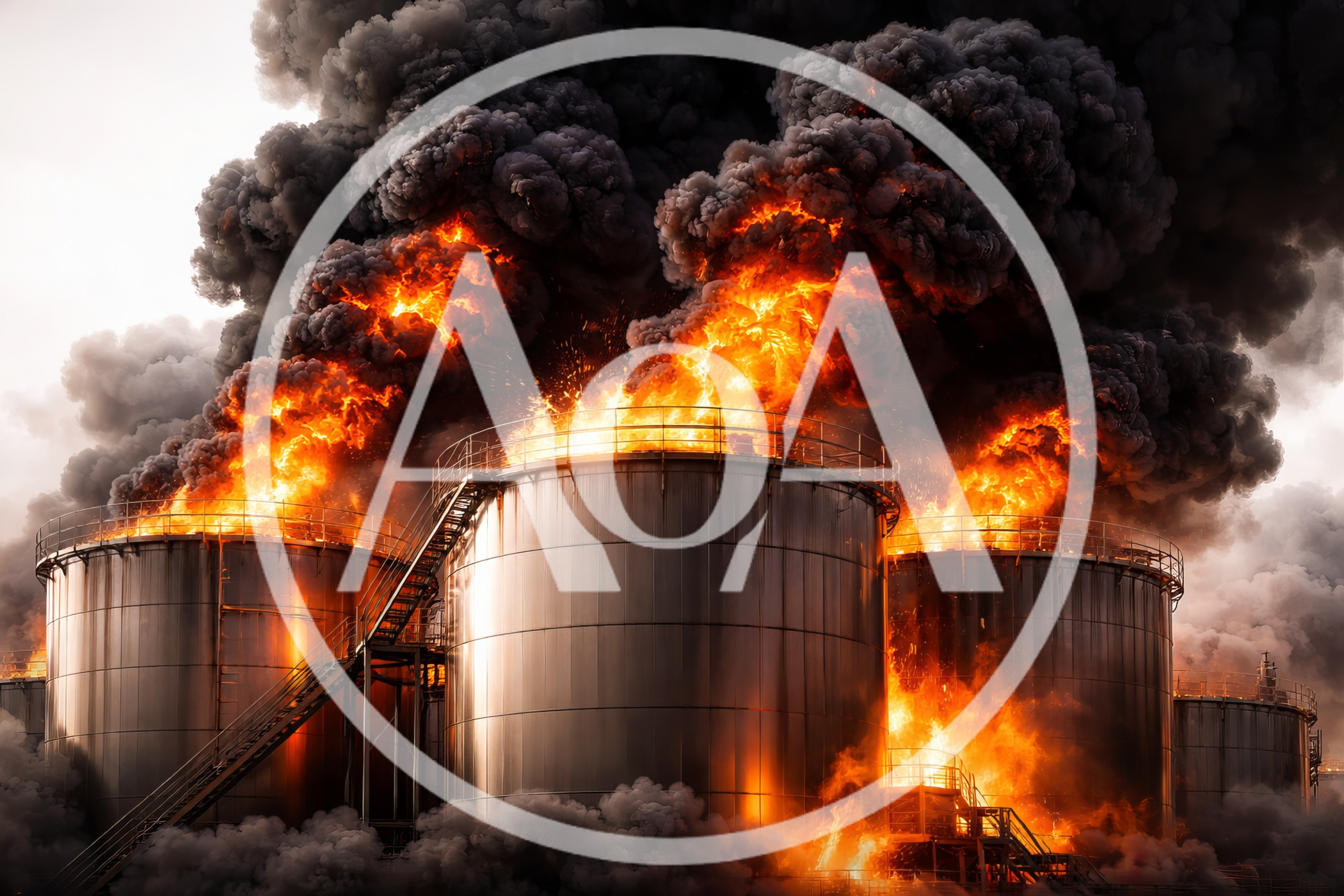 Massive Industrial Fire Engulfing Large Oil Storage Tanks