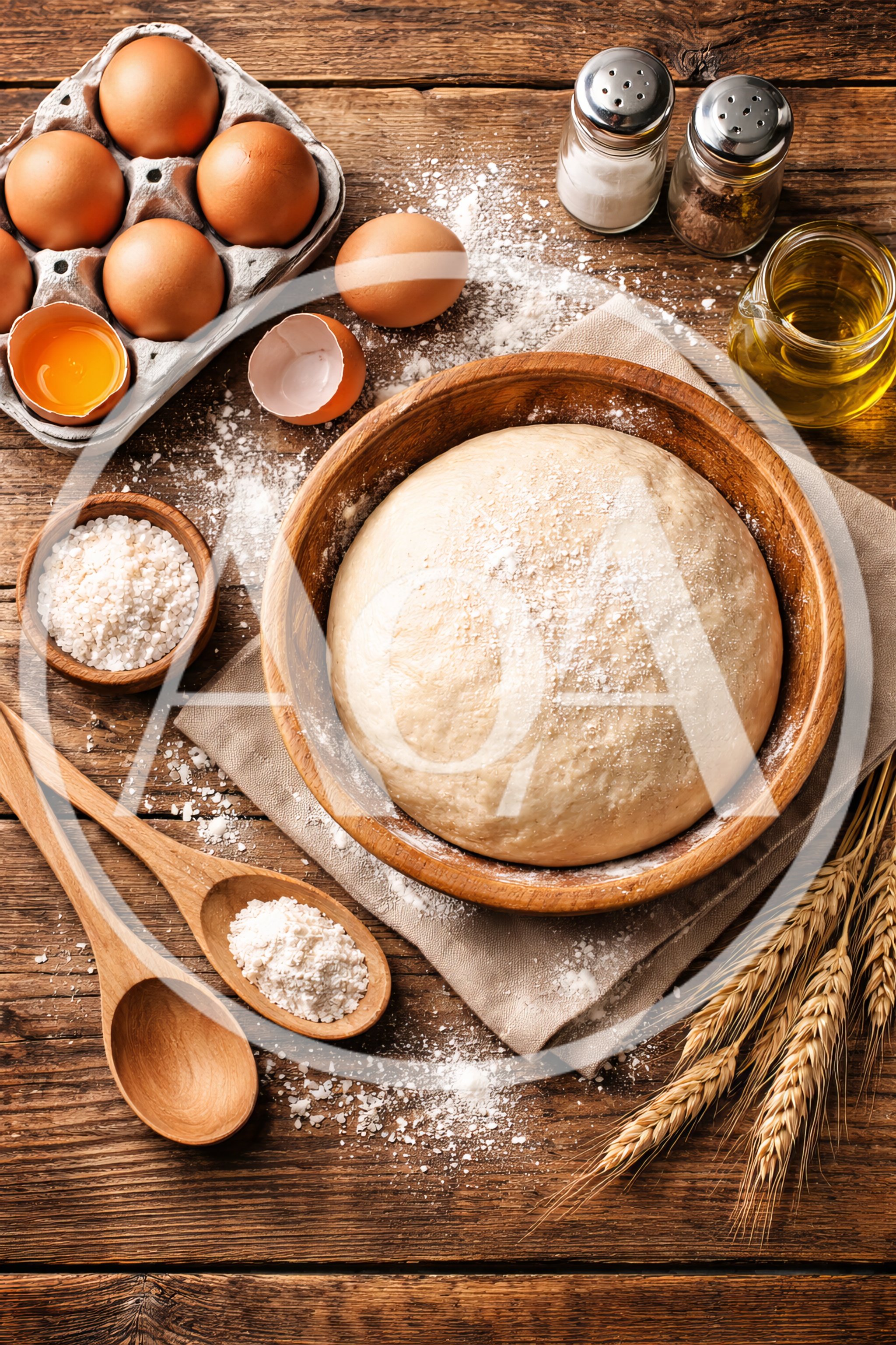 Fresh Dough Preparation With Ingredients On Rustic Wood