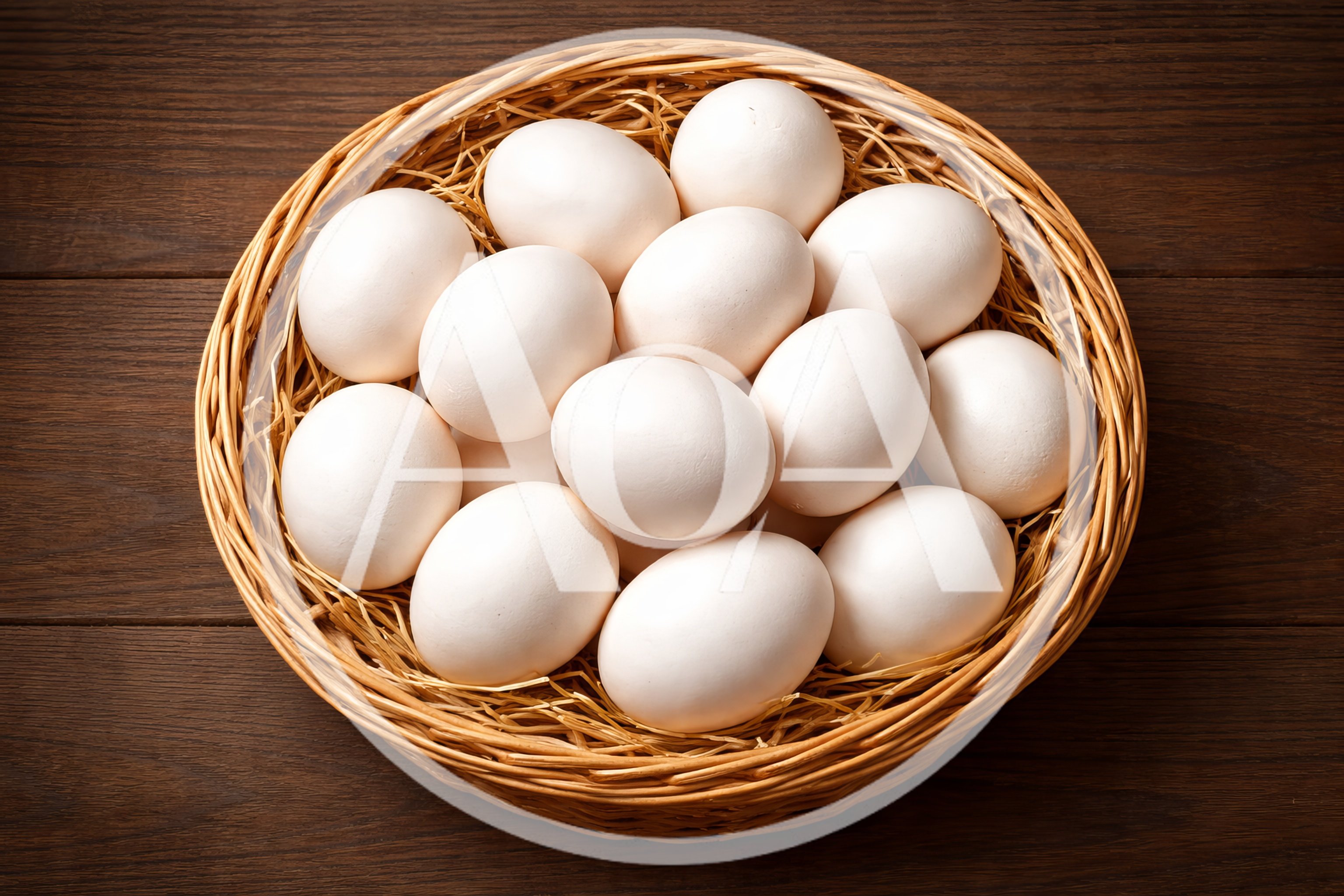 Fresh White Chicken Eggs In A Woven Basket