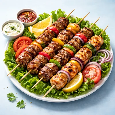 Grilled Meat Skewers With Vegetables On A Platter