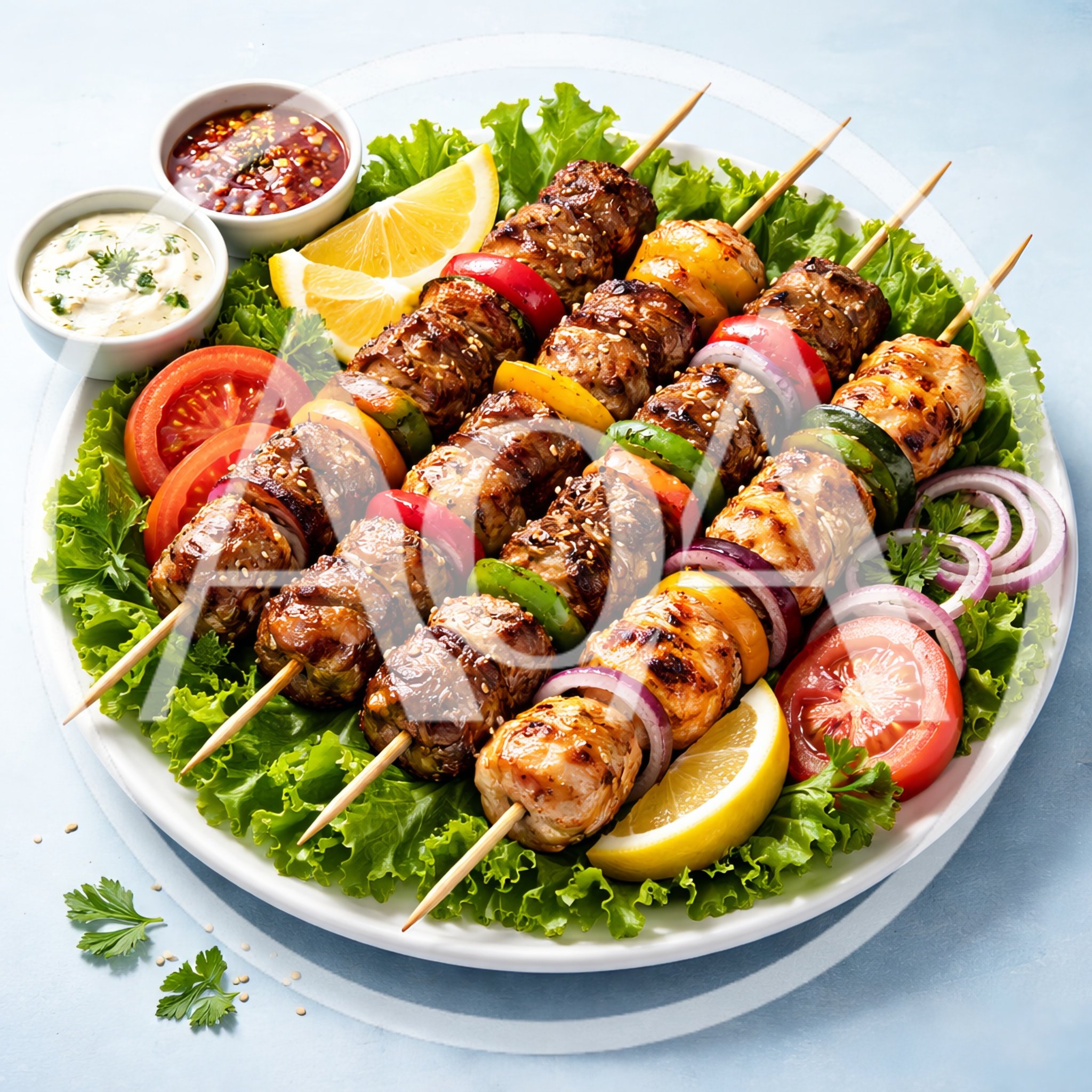 Grilled Meat Skewers With Vegetables On A Platter