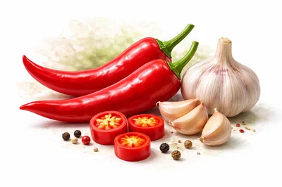 Fresh Chili Peppers Garlic and Tomato Slices