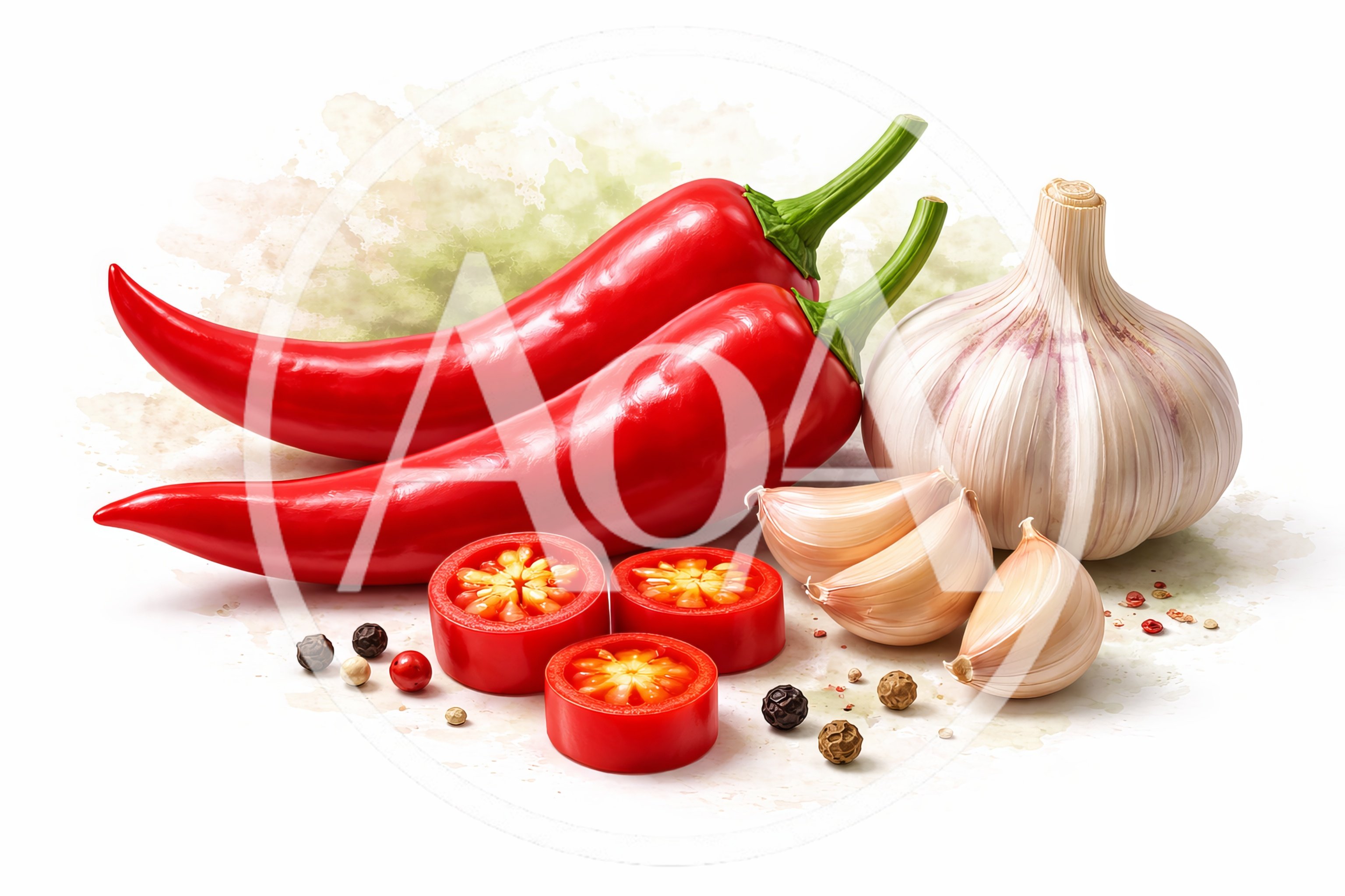 Fresh Chili Peppers Garlic and Tomato Slices