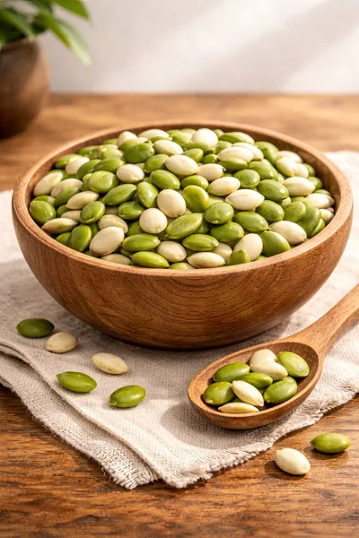 Wooden Bowl Filled With Raw Pumpkin Seeds