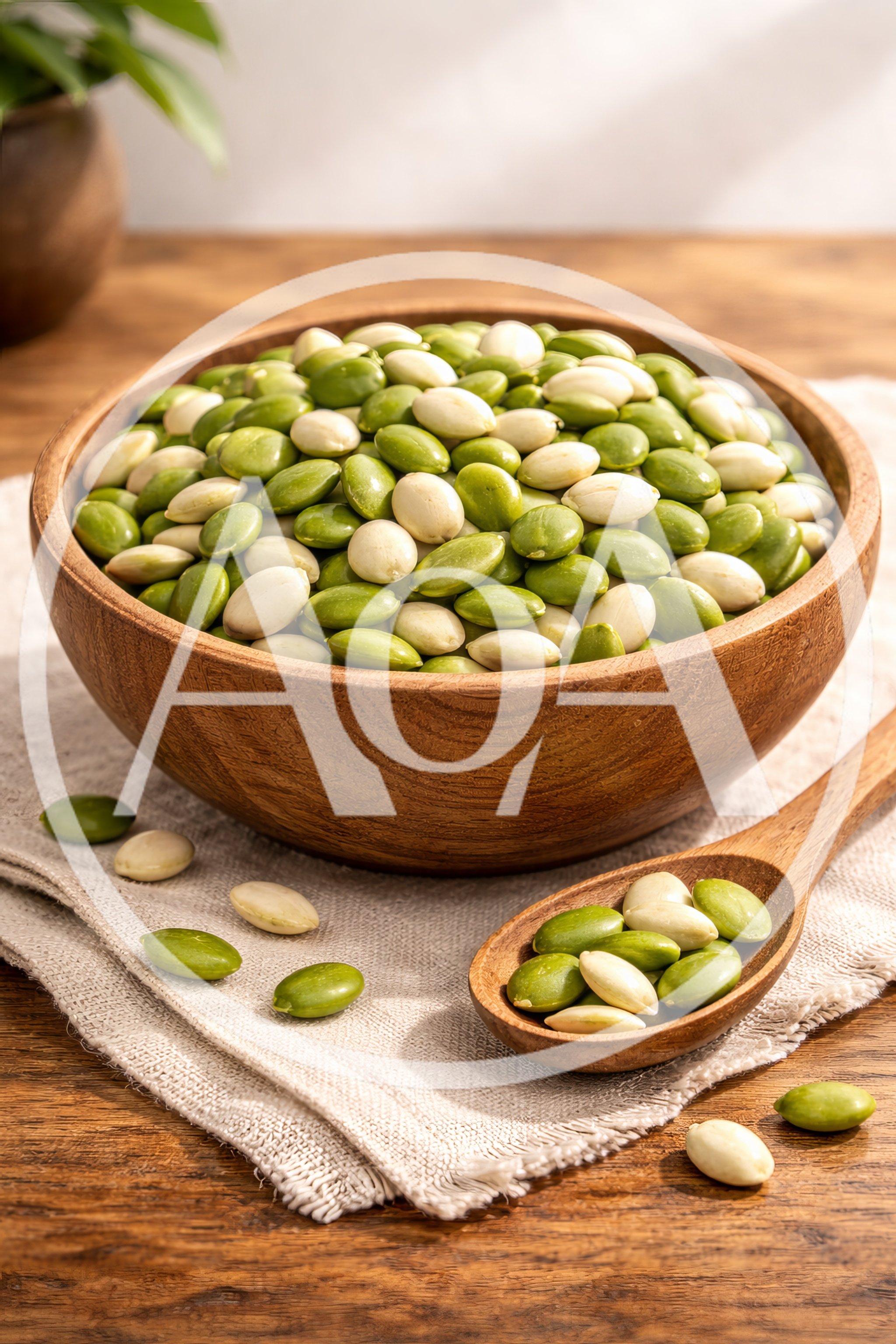 Wooden Bowl Filled With Raw Pumpkin Seeds