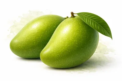 Two Fresh Green Mangoes With Leaf