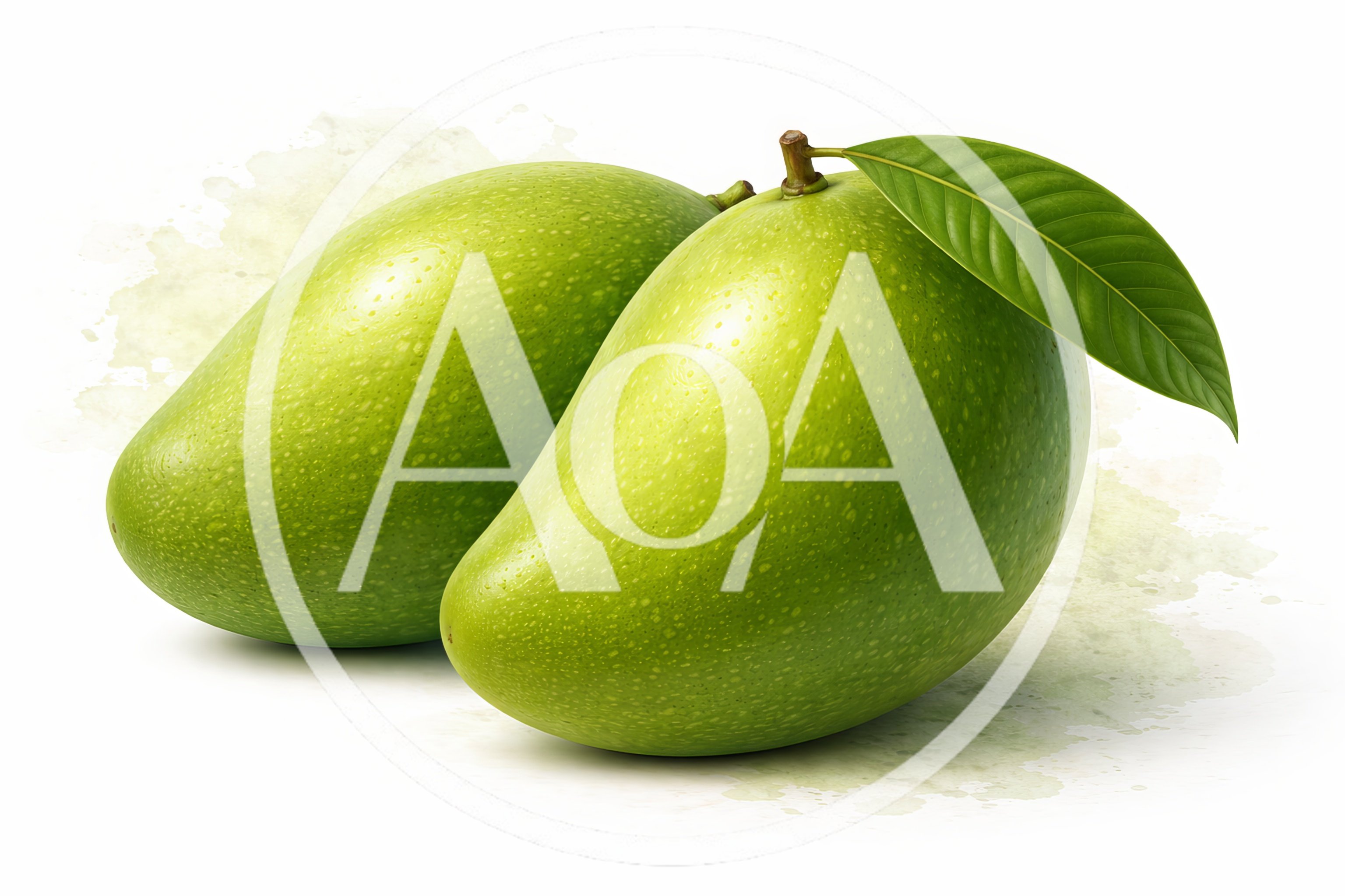 Two Fresh Green Mangoes With Leaf