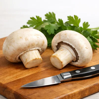 Fresh White Mushrooms And Parsley On Wooden Board