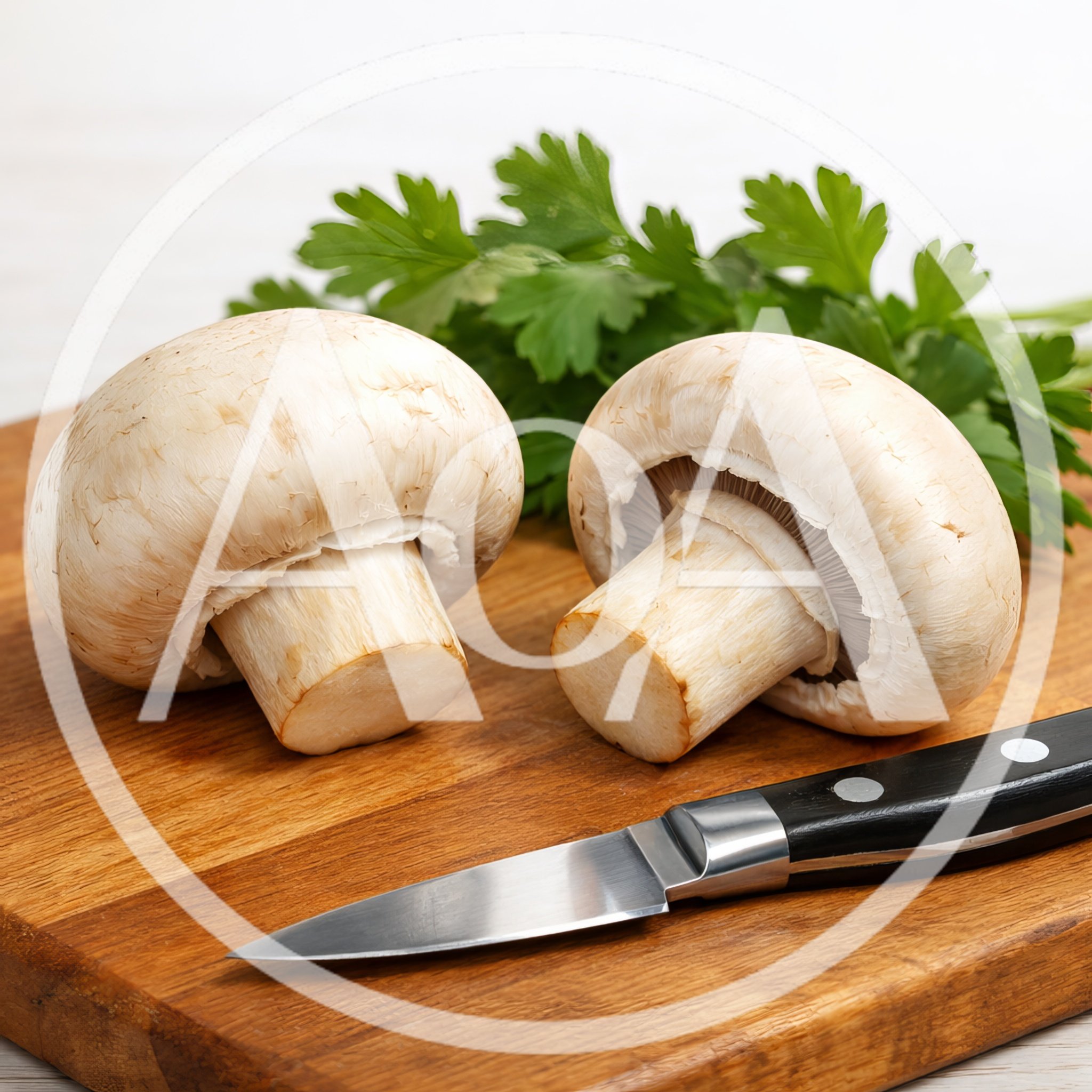 Fresh White Mushrooms And Parsley On Wooden Board