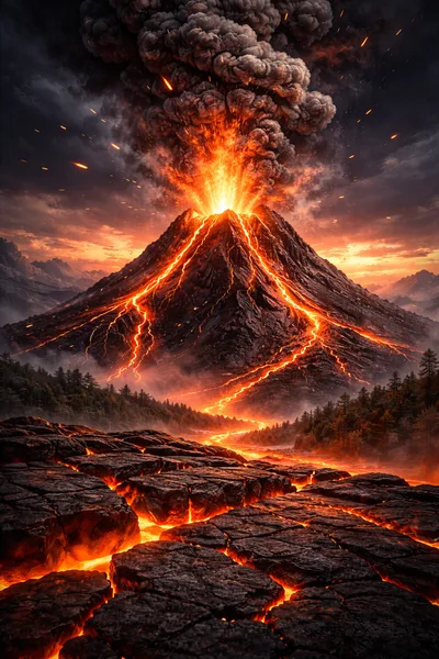 Volcanic Eruption With Molten Lava Flowing Down Mountain