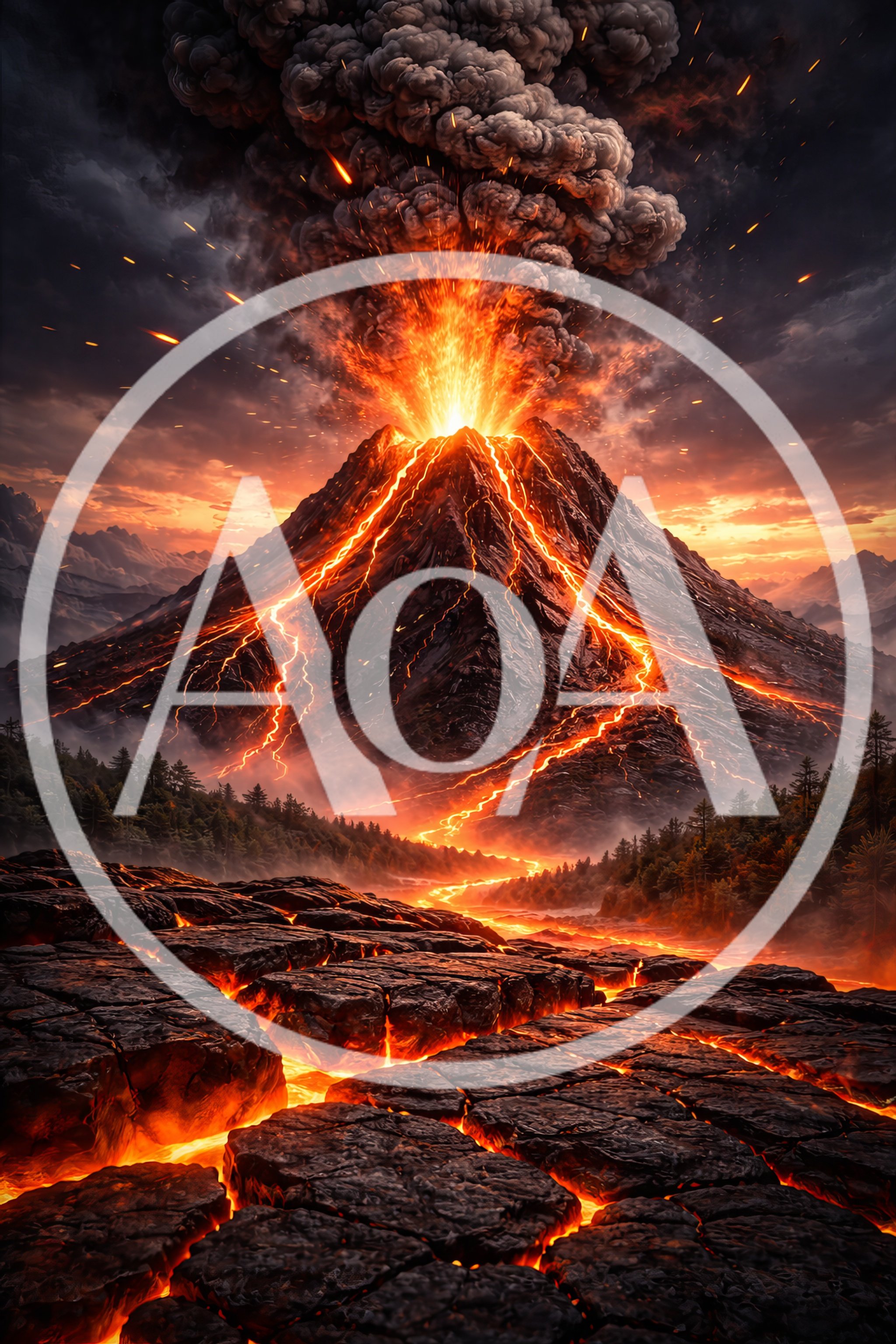 Volcanic Eruption With Molten Lava Flowing Down Mountain