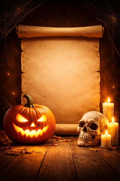 Halloween Jack O Lantern With Skull And Scroll