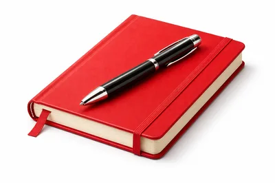 Red Notebook With Black Pen On White Background