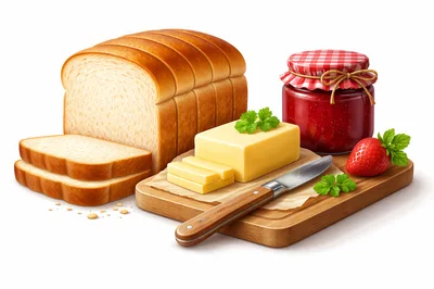 Fresh Bread Loaf With Butter And Strawberry Jam