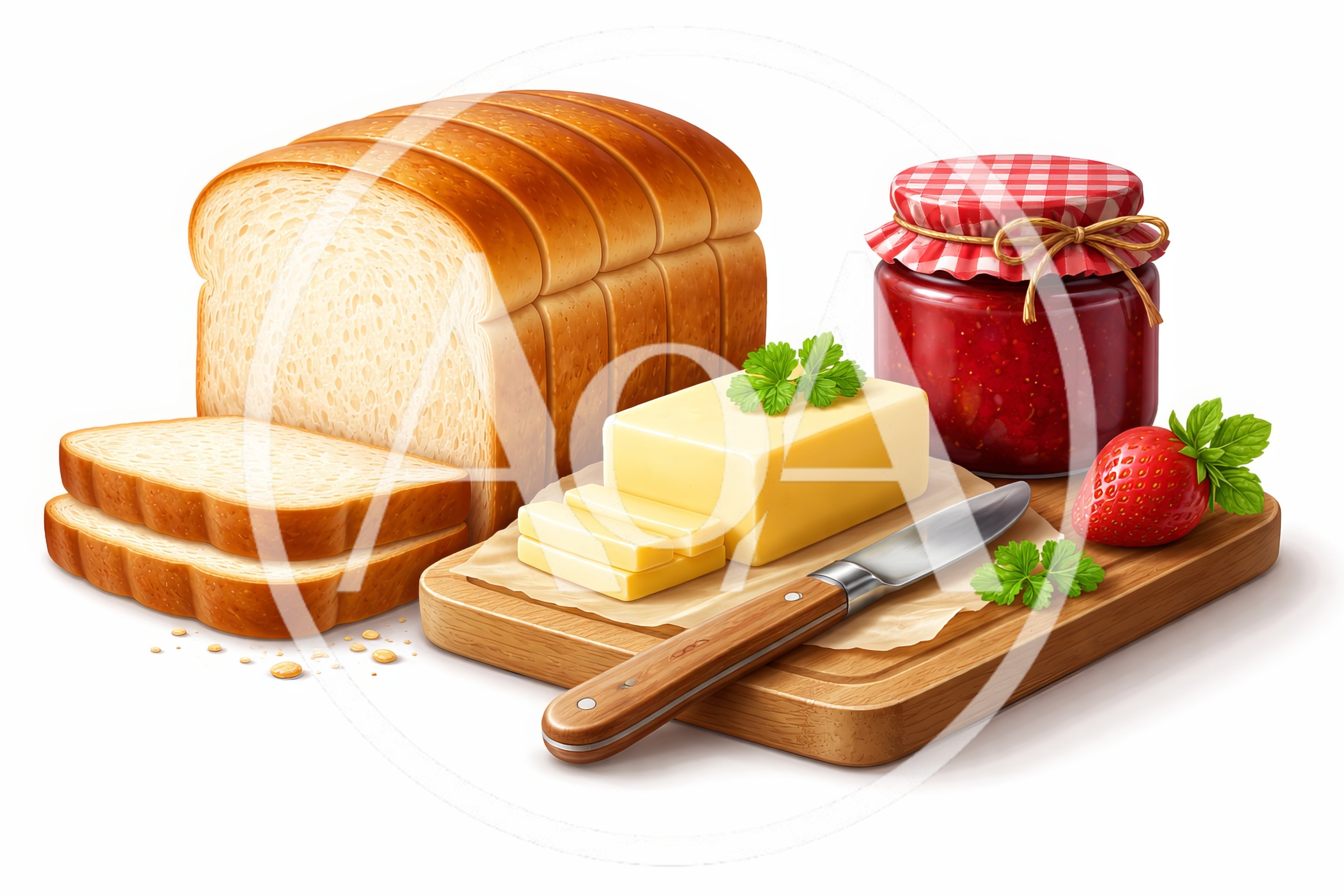 Fresh Bread Loaf With Butter And Strawberry Jam