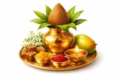 Traditional Hindu Kalash Puja Setup With Offerings