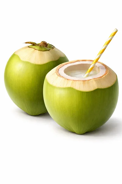 Fresh Green Coconuts With Straw On White Background