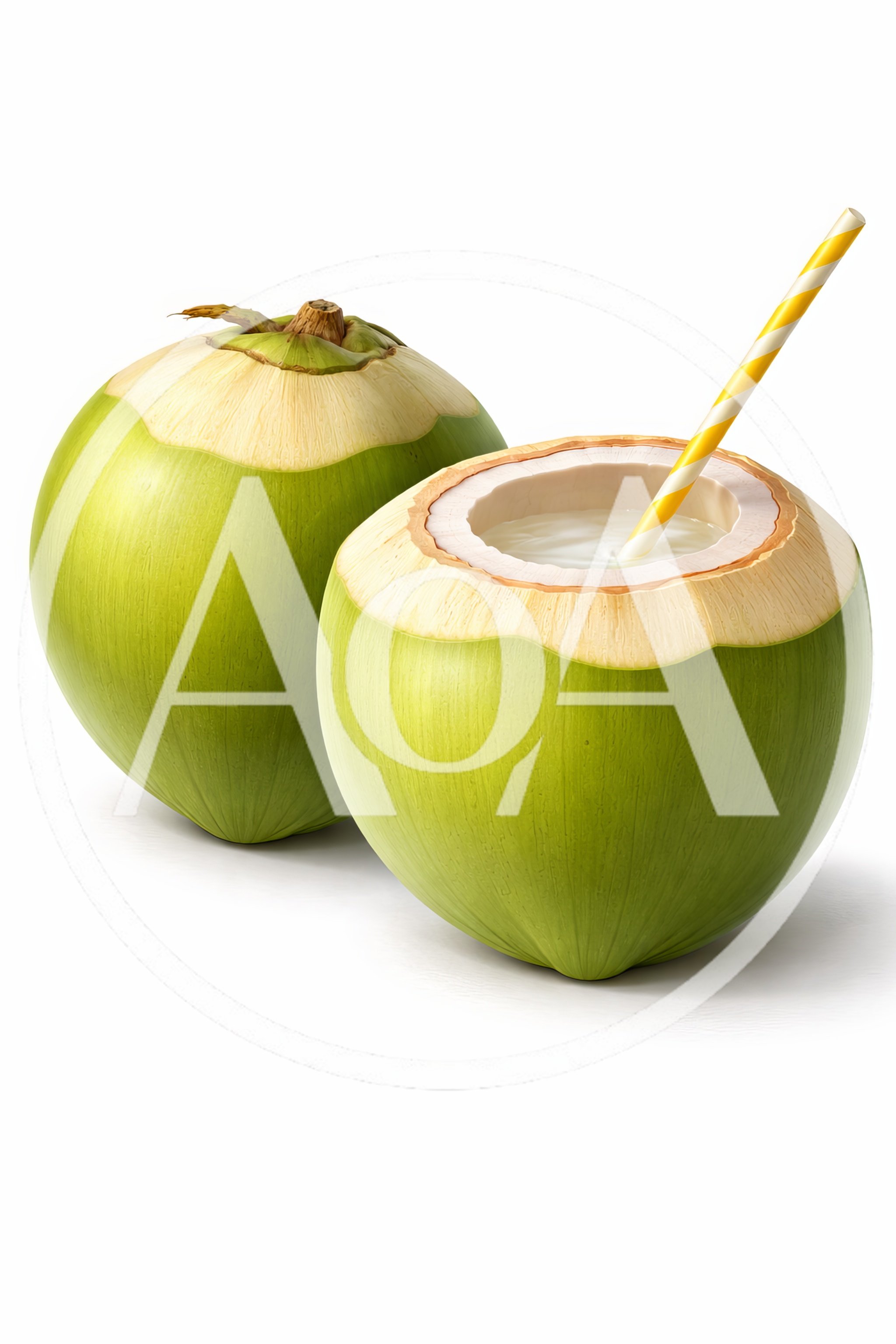 Fresh Green Coconuts With Straw On White Background