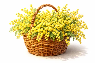 Wicker Basket Filled With Fresh Yellow Mimosa Flowers