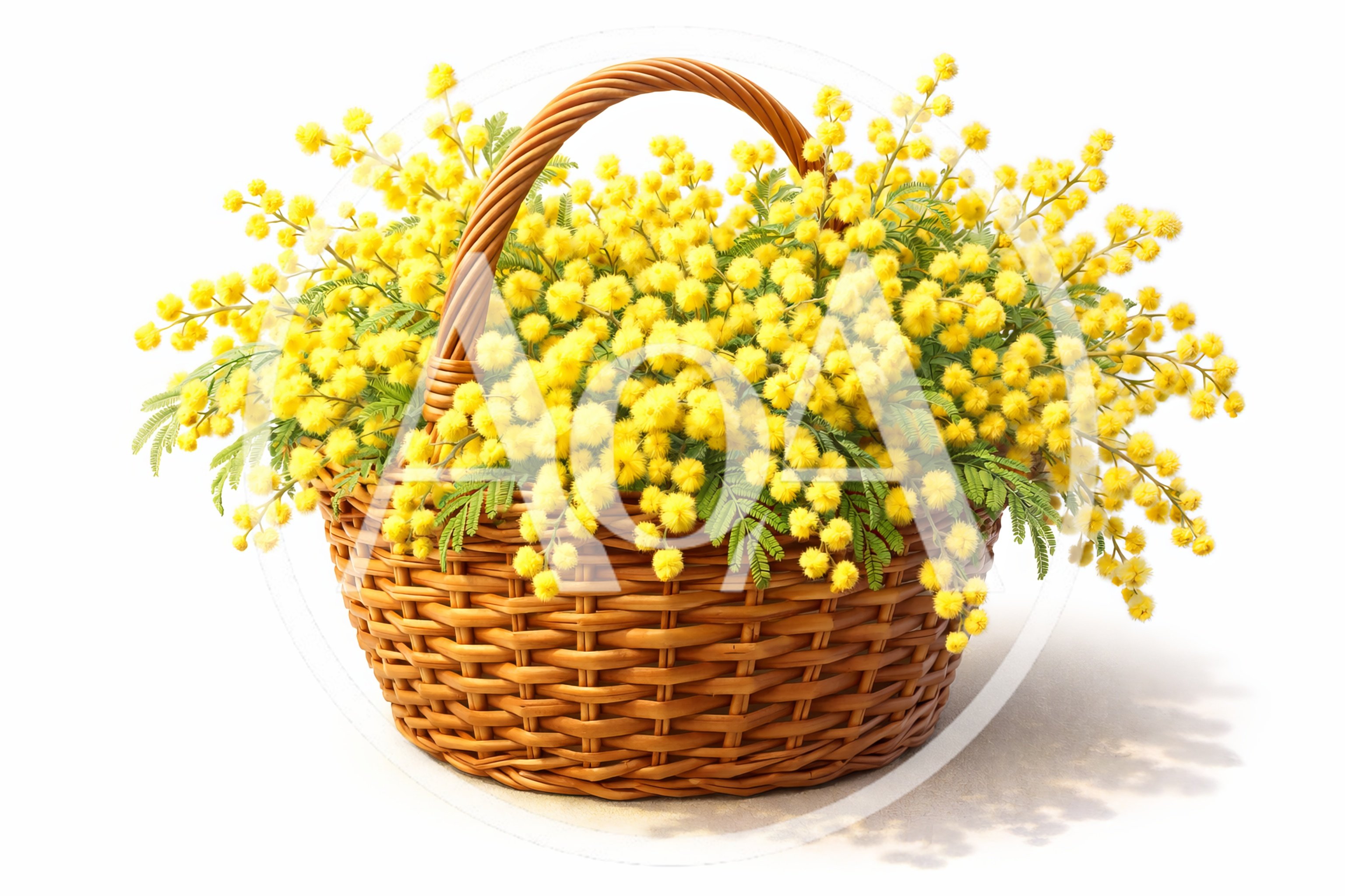 Wicker Basket Filled With Fresh Yellow Mimosa Flowers