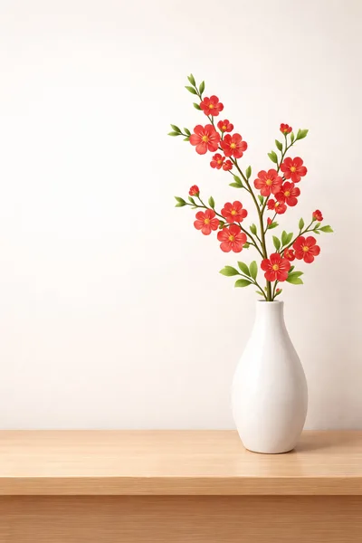 Red Flowering Branches In A White Vase