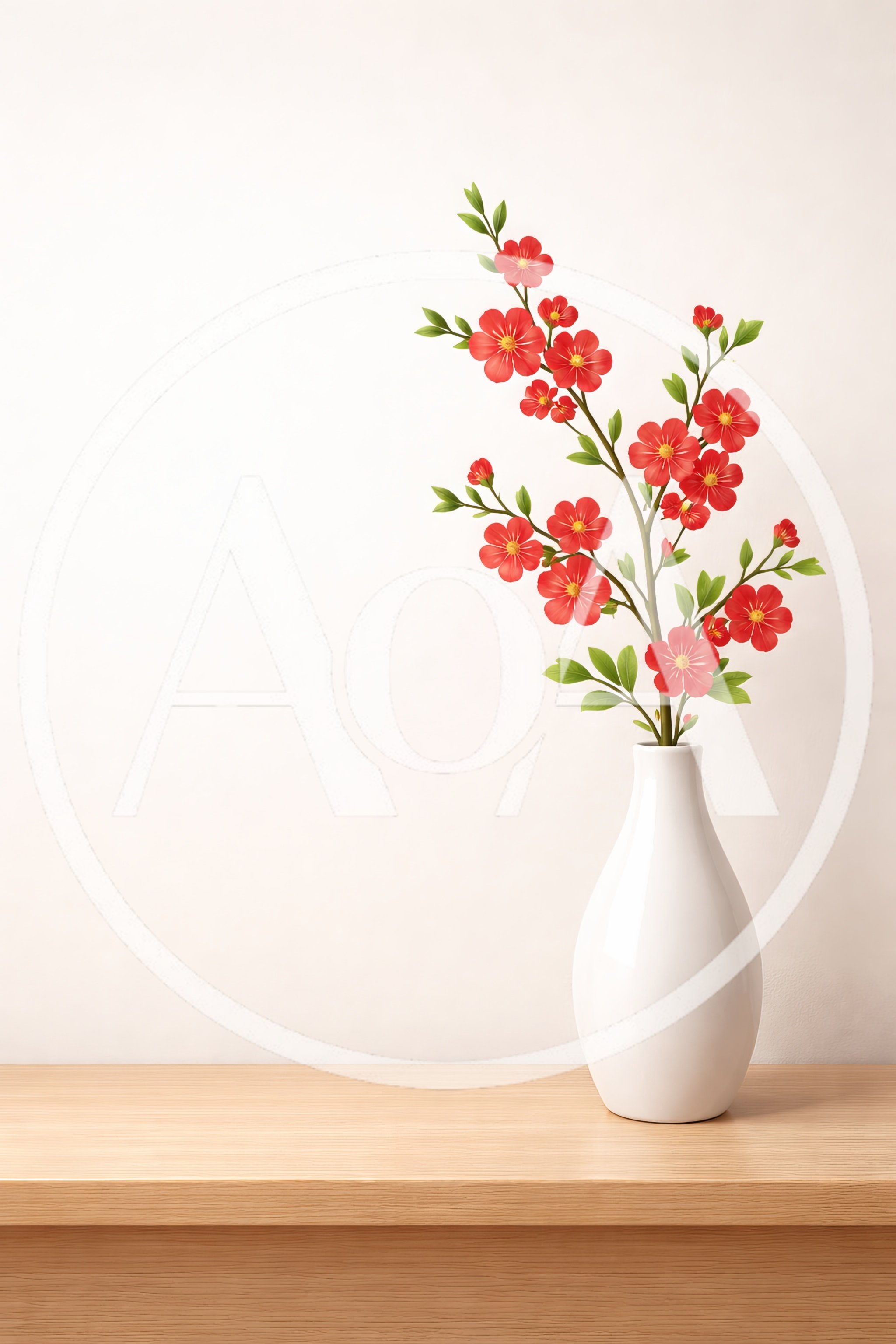 Red Flowering Branches In A White Vase