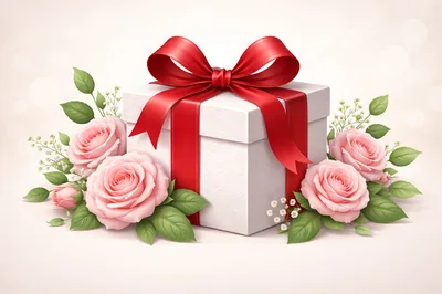 White Gift Box With Red Ribbon And Pink Roses