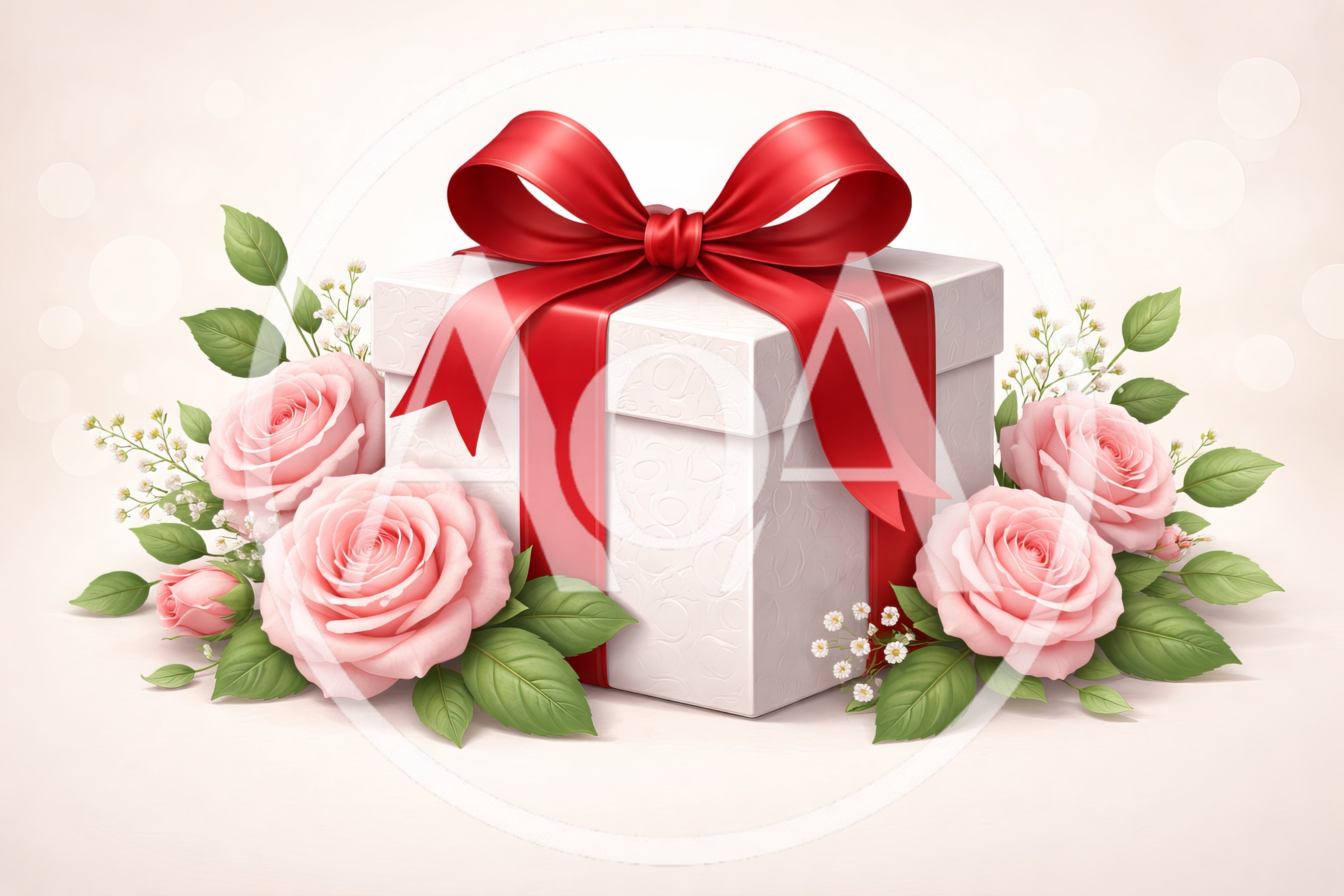 White Gift Box With Red Ribbon And Pink Roses