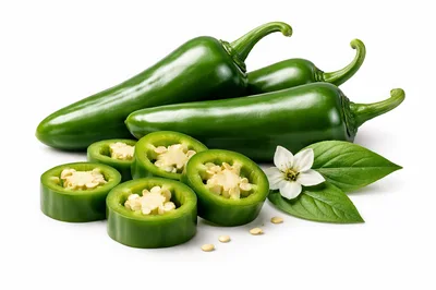 Fresh Green Jalapeno Peppers With Slices And Flower