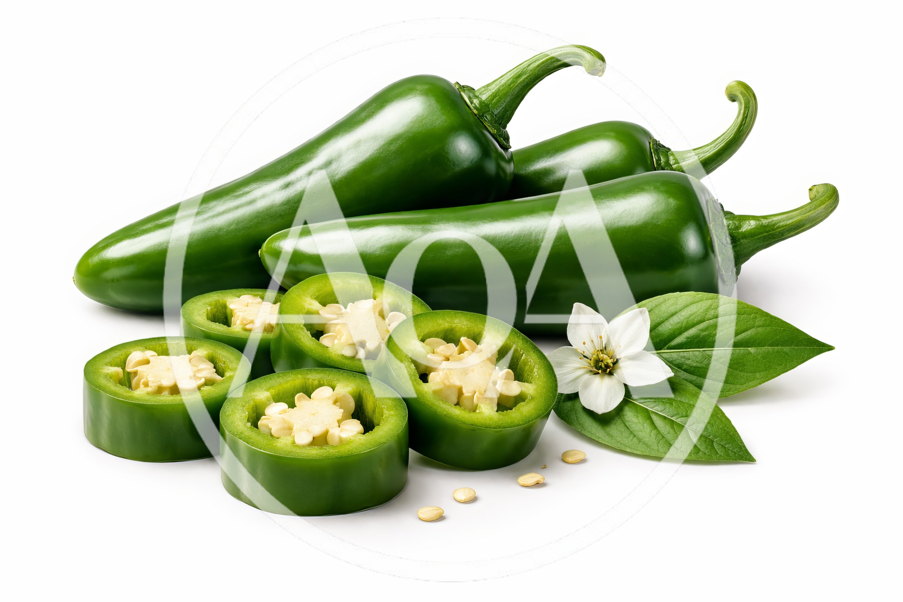 Fresh Green Jalapeno Peppers With Slices And Flower