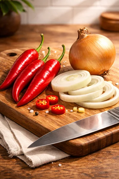 Fresh Chili Peppers and Sliced Onion on Wooden Board