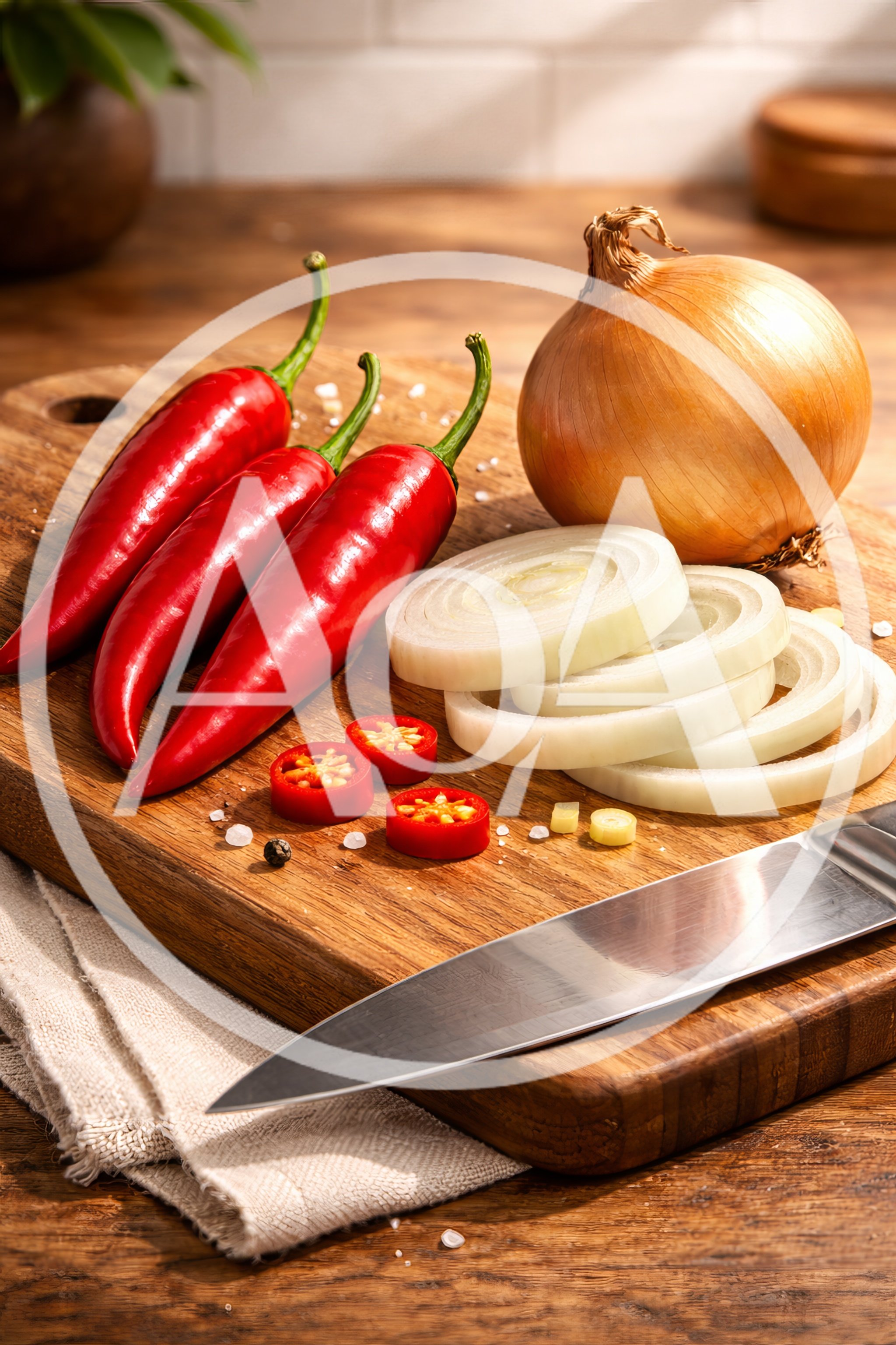 Fresh Chili Peppers and Sliced Onion on Wooden Board
