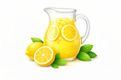 Glass Pitcher Of Fresh Lemonade With Whole And Sliced Lemons