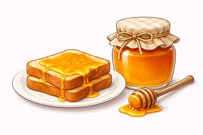 Honey Drizzled Toast With A Jar And Dipper