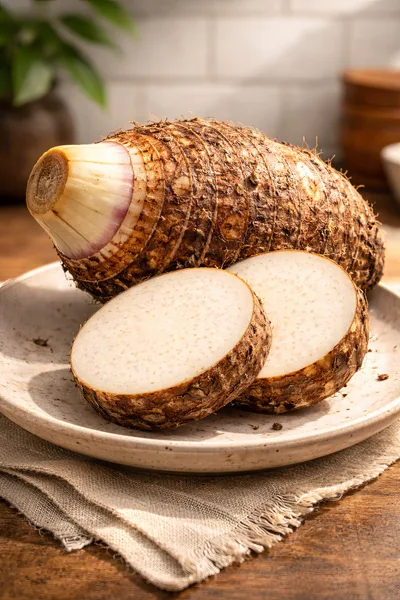 Fresh Taro Root With Sliced Pieces On A Plate