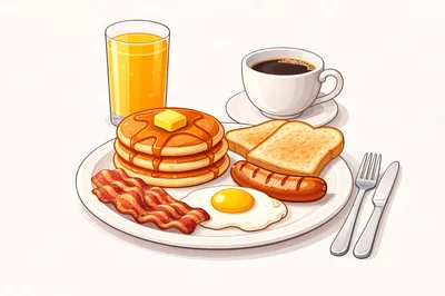 Hearty Breakfast Platter With Pancakes And Coffee