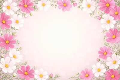 Floral Frame With Pink And White Cosmos Flowers