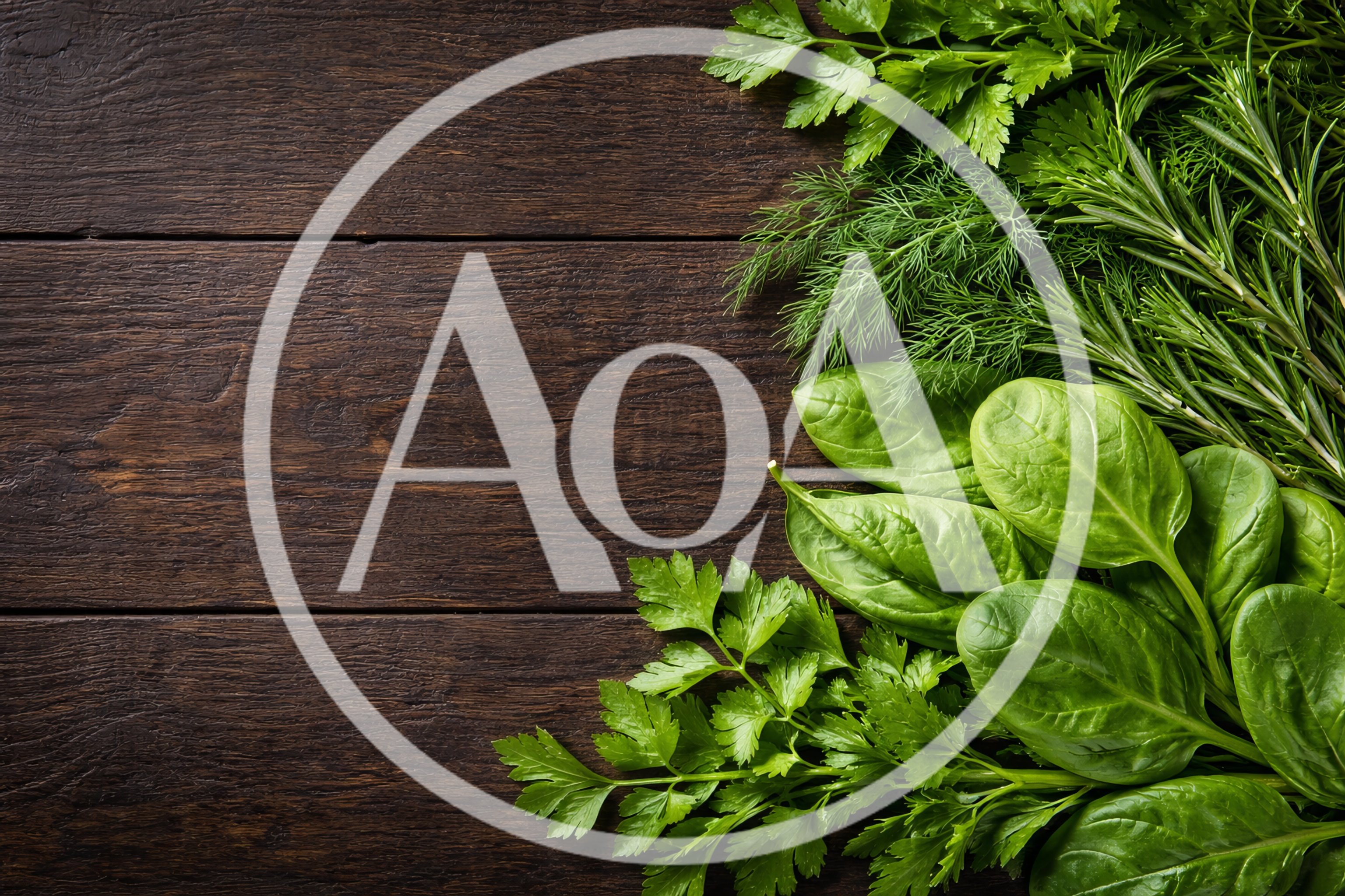Fresh Green Herbs And Spinach On Wooden Background